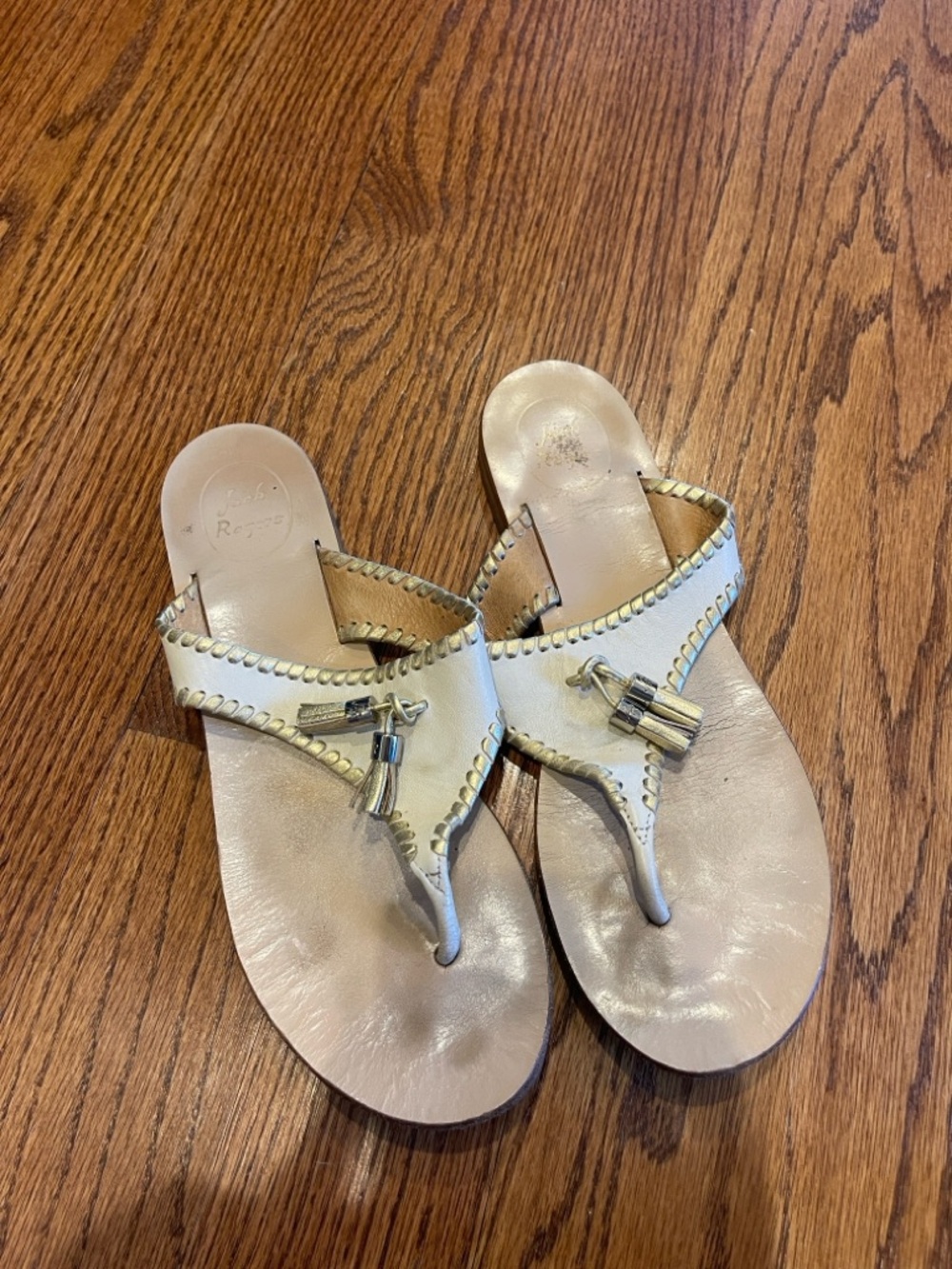 Jack Rogers Cream Leather Tassel Thong Sandals